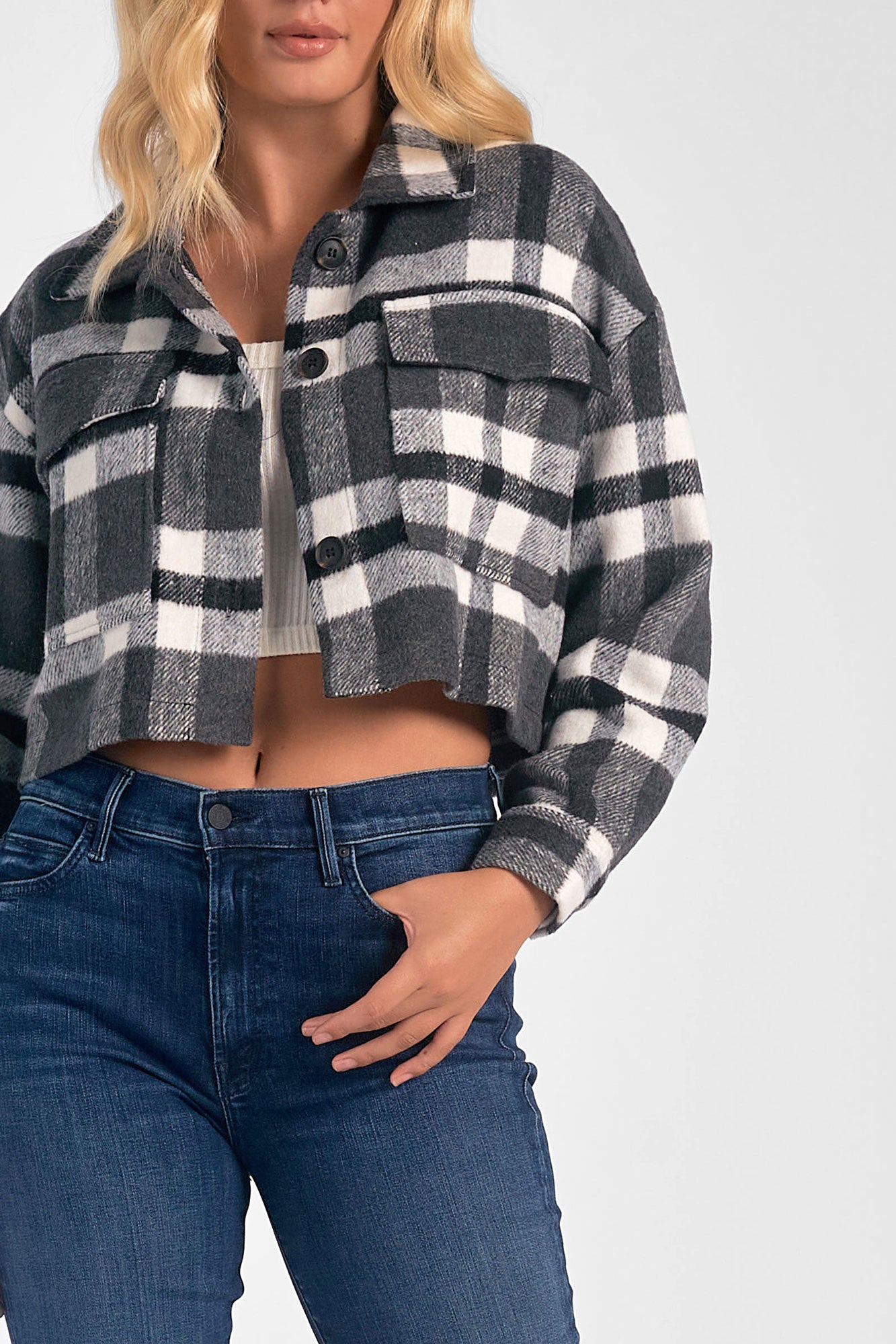 Black and White Plaid Cropped Jacket