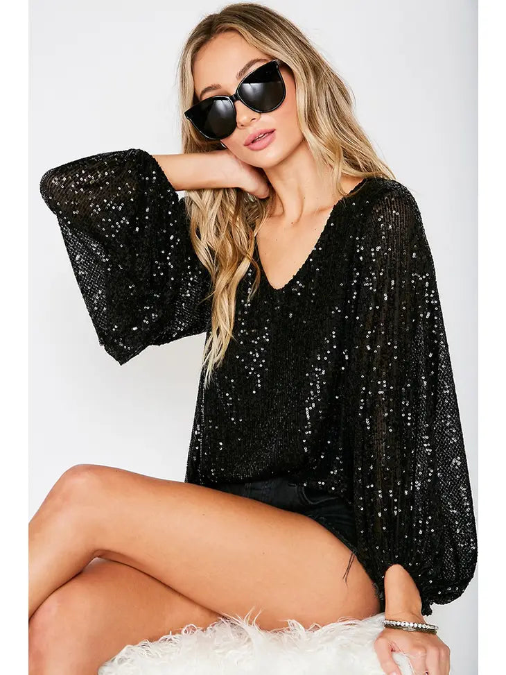 V Neck Balloon Sleeve Sequin Top
