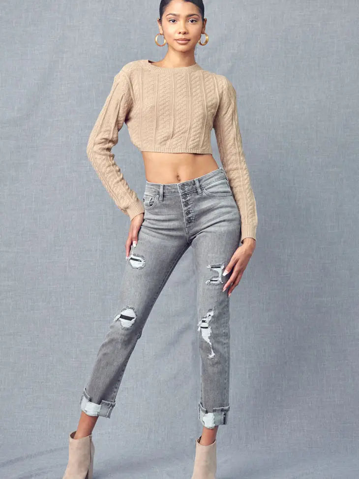 Grey Distress High Rise Skinny Straight Jean