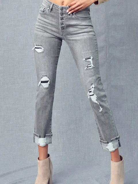Grey Distress High Rise Skinny Straight Jean