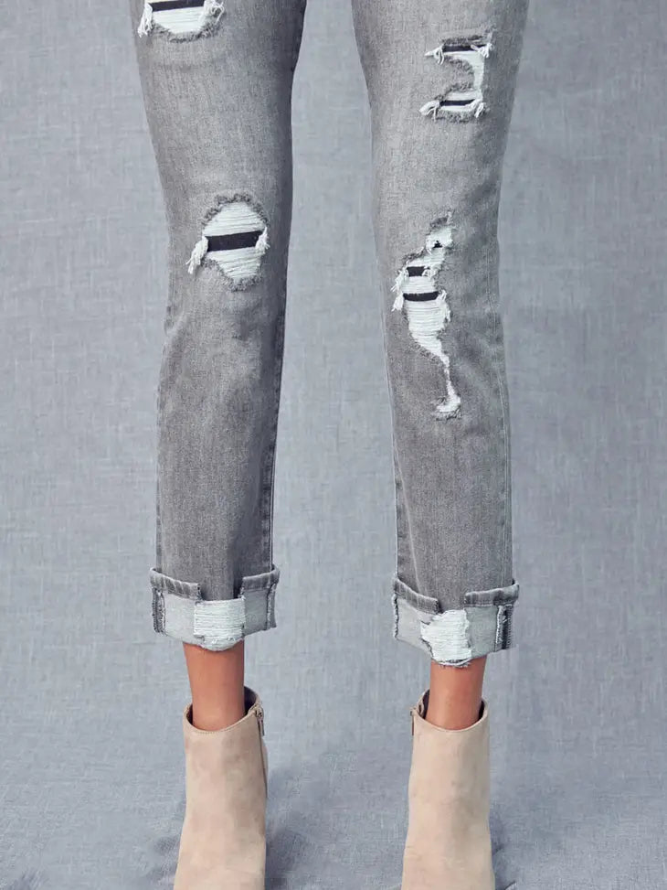 Grey Distress High Rise Skinny Straight Jean