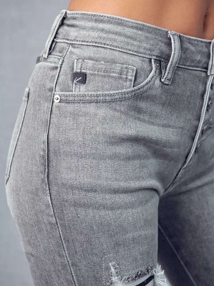 Grey Distress High Rise Skinny Straight Jean