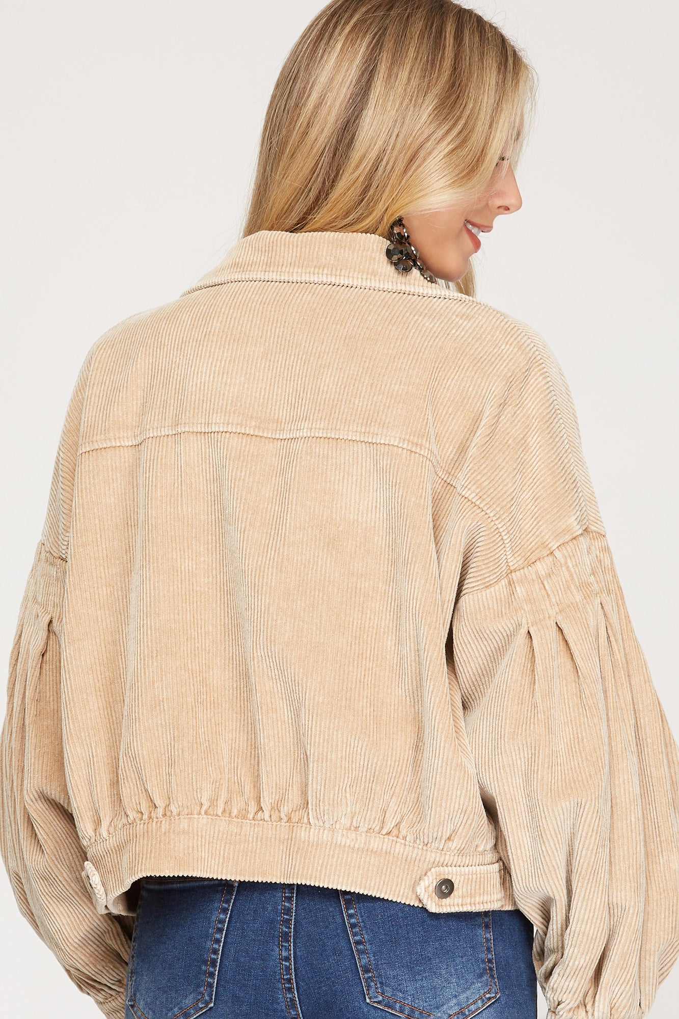 Long Balloon Sleeve Button Down Corduroy Jacket