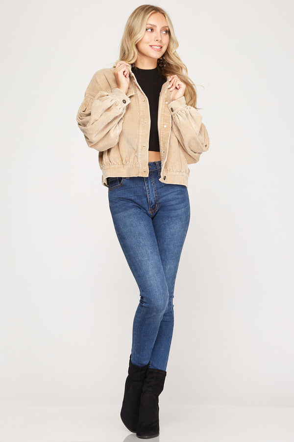 Long Balloon Sleeve Button Down Corduroy Jacket