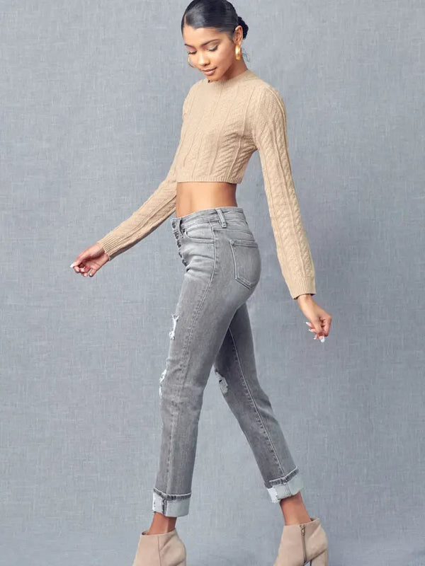 Grey Distress High Rise Skinny Straight Jean